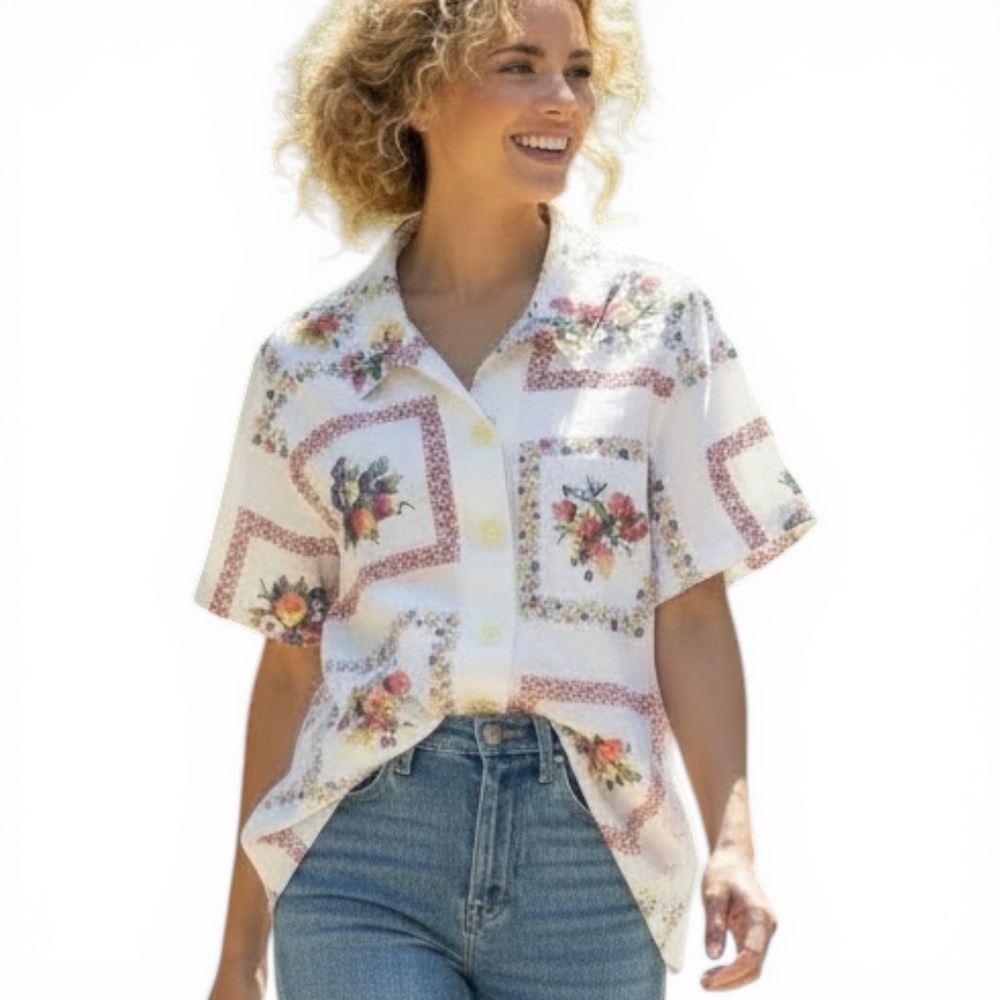 Vintage Upcycled Handmade Fruit Floral Tile Print Button Up Shirt Short Sleeve M